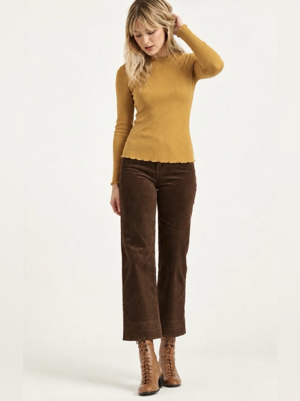SUNDANCE MOCK NECK LETTUCE HEM TOP L RIBBED KNIT L/S GOLD PREPPY PERUVIAN COTTON